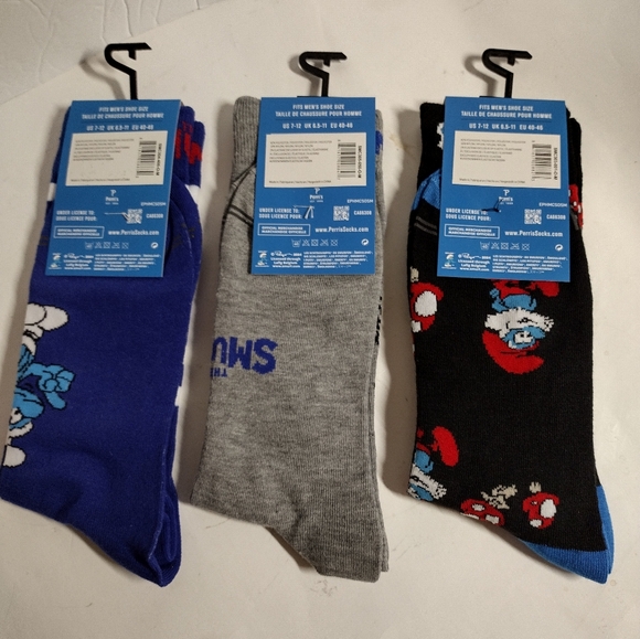 Men's Unisex Set Of 3 Smurf Socks Sz 7-12 New - Picture 2 of 2